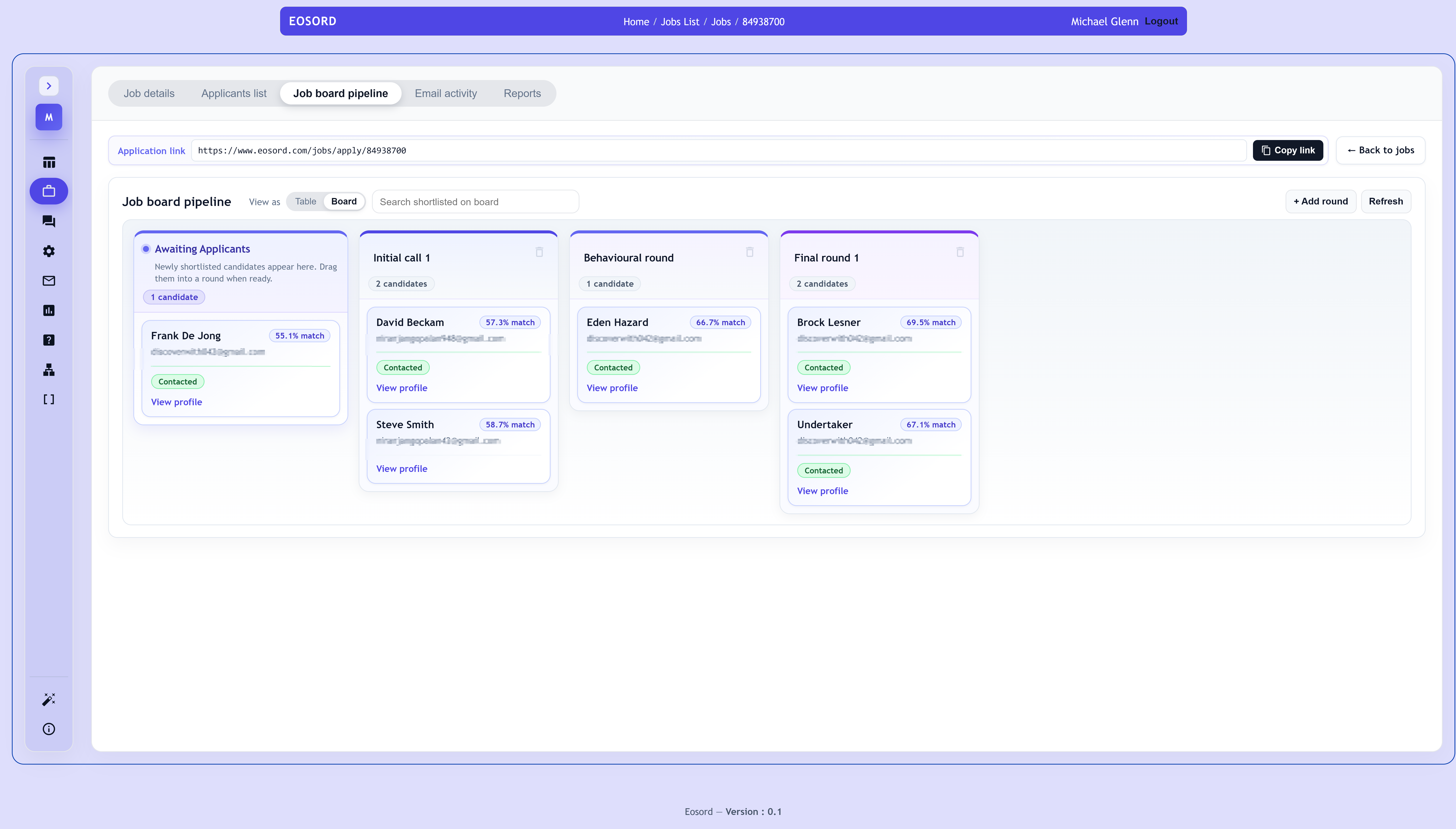 Eosord job board pipeline with shortlisted candidates in hiring rounds